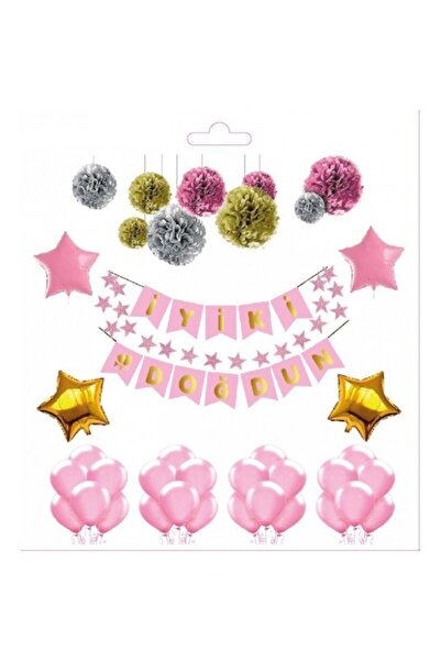 BAL10 DÜNYASI Flama Karton Bayrak Iyiki Doğdun Yazılı Flama Bayrak Set-pembe ...