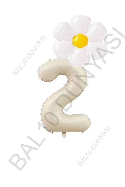 BAL10 DÜNYASI Beige Number and White Daisy Foil Balloon Set Age 2