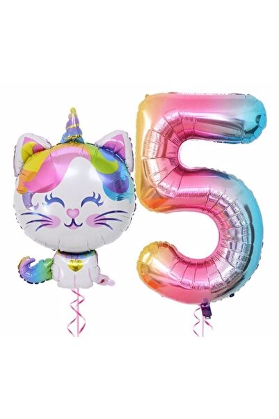 BAL10 DÜNYASI Unicorn Cat Balloon Rainbow Colorful Number Birthday Set Age 5