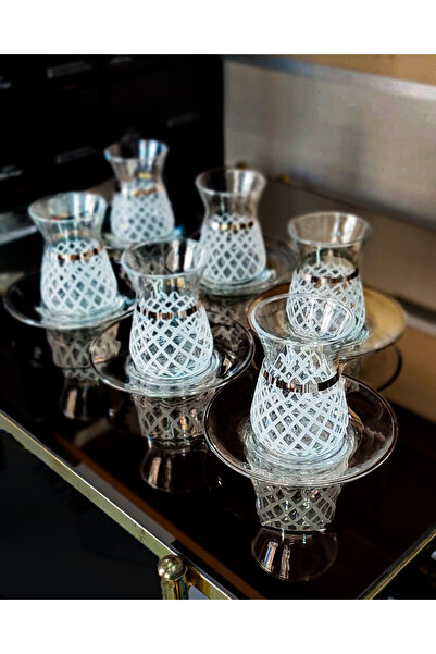 SEÇKİNEV Paşabahçe Cam Özel Tasarım 12 Parça El Kesmesi Ahu Set Gümüş