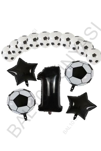 BAL10 DÜNYASI Football Ball Star Foil Black Number and Printed Balloon Set Age 1