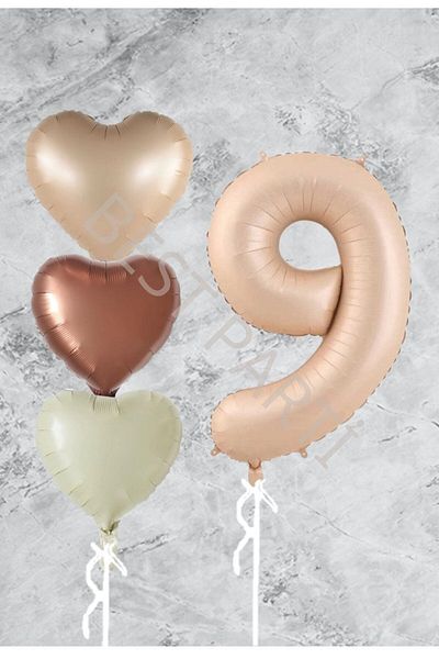 BAL10 DÜNYASI Sand Beige Heart Number Foil Balloon Set Age 9
