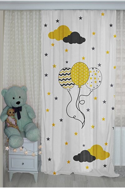 Bebişim Halı Gray Yellow Children's Room Background Curtain with Double Wings and Balloons