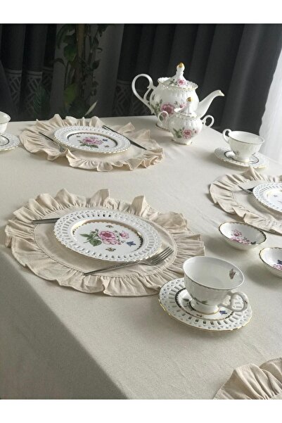 Diseno %100 PAMUK KETEN FIRFIRLI VİNTAGE MASA ÖRTÜSÜ