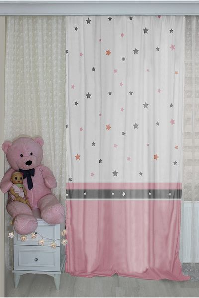 Bebişim Halı Pink Star Pattern - Double Winged Children's Room Background Curtain