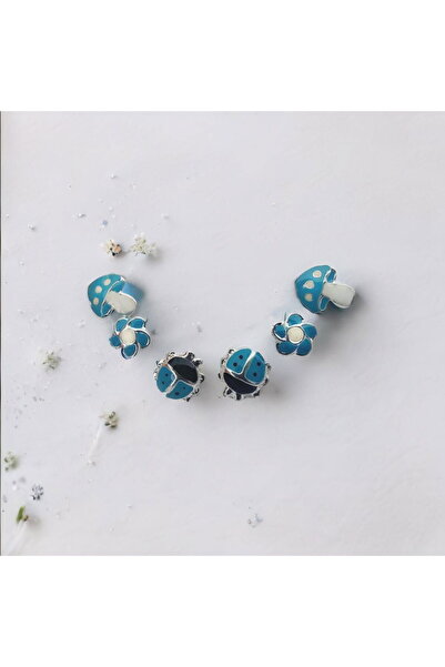 TREND Mavi Mineli 3lü Kız Çocuk Gümüş Küpeler - Uğur Böceği, Çiçek Ve Mantar