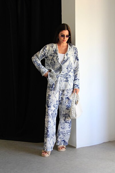 Julishop Summer Premium Cotton Set - Blue and White Patterned Shirt and Pants