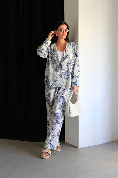 Julishop Summer Premium Cotton Set - Blue and White Patterned Shirt and Pants