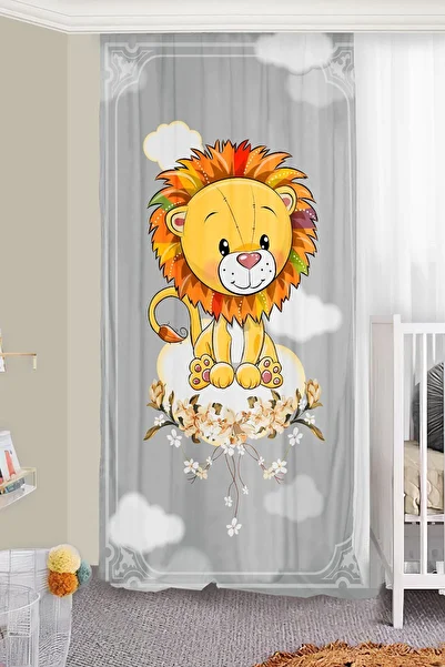 Bebişim Halı Cute Lion Patterned Children's Room - Double Winged, Cloudy Background Curtain