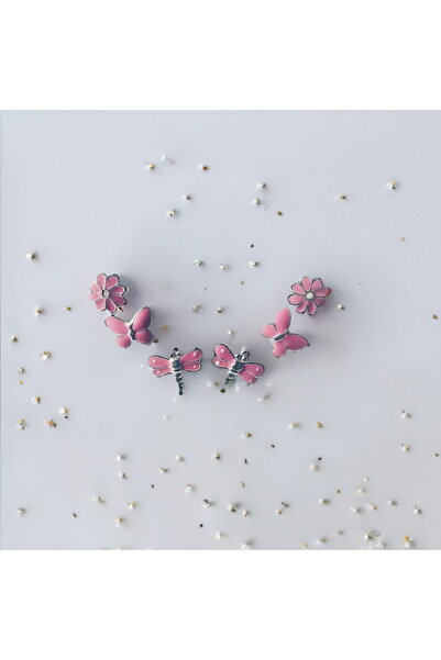 TREND Pembe Mineli 3lü Kız Çocuk 925 Ayar Küpeler - Yusufçuk, Kelebek Ve Çiçek