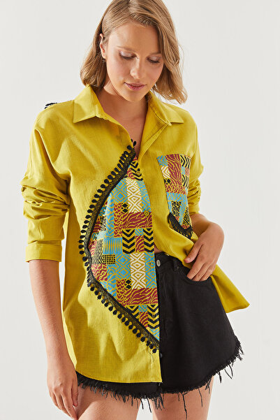 Bianco Lucci قميص نسائي كتان منقوش - نموذج أساسي مع تفاصيل الجيب 60251753