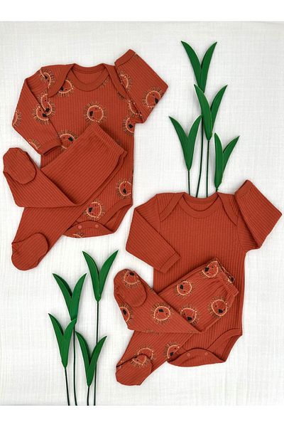 Renkli Puset Cinnamon Lion Patterned 4-piece Baby Set - Pajamas with 2 Bodies and 2 Booties