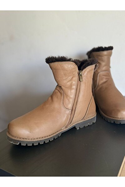 AurorabyKaderCelik Kadın Hakiki Deri Hardal İçi Kürklü Kışlık Bot