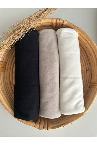 Merve Nayir 3-Piece Lycra Combed Cotton Shawl Set - Jersey Shawl Hijab (Black Beige Ecru)