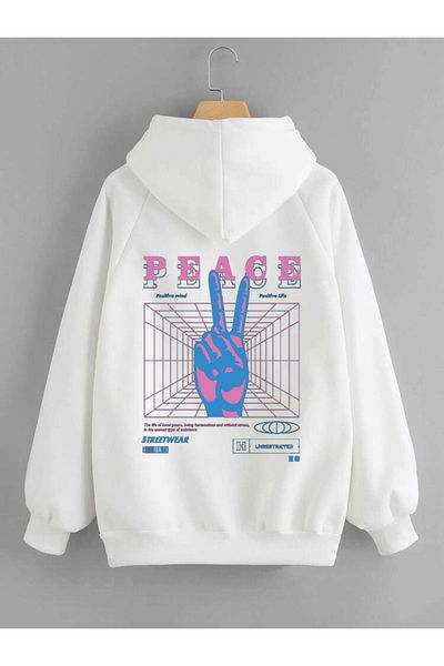 DEEPSENCE Men'S Hooded White SweatShirt - Back Peace Printed