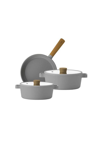 NEOFLAM Fika Gray 5 Piece Ceramic Coated Cast Iron Cookware Set with Glass Lid