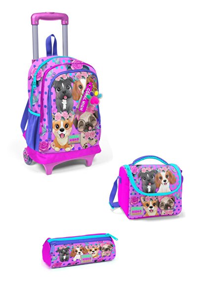 Coral High Kids Pembe Köpek Desenli  Üç Bölmeli Çekçekli Okul 3'lü Çanta Seti...