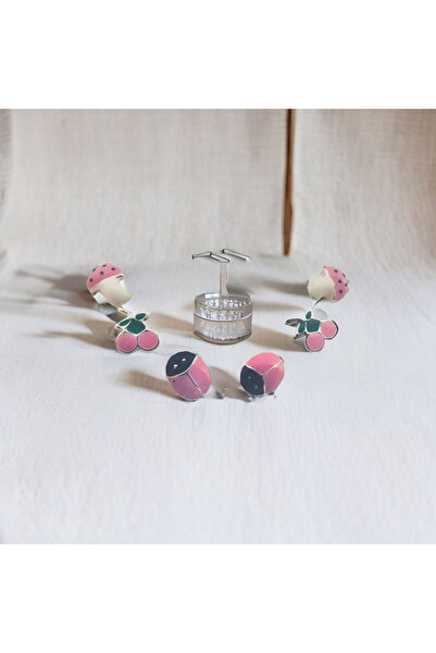 TREND Pembe Mineli 3lü Kız Çocuk 925 Ayar Küpeler - Uğur Böceği, Kiraz Ve Mantar