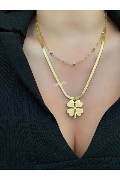 SERAMOR Kararmaz Çelik Dorika Zincirli Dört Yapraklı Yonca Kombin Kolye
