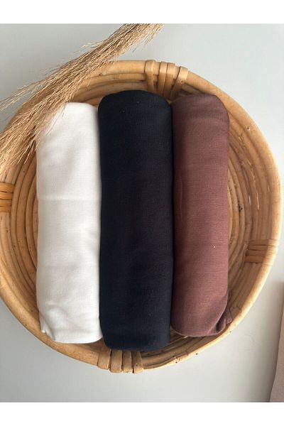 Merve Nayir 3-Piece Combed Cotton Shawl Set - Jersey, Shawl, Lycra Hijab (EKRU - Black - Brown)