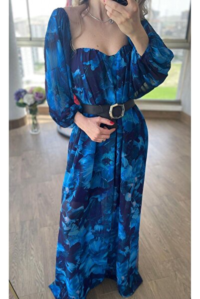 Chinozetti And Mom Mavi Çiçek Desenli Şifon Elbise