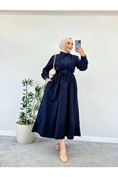 Swana Belden Bağlamalı Tesettür Elbise-Lacivert