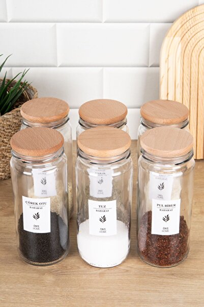 DNS HOME Set of 6 Wooden Spice Jars with Vacuum Lids, Labeled Glass Jar Storage Container 500 ml