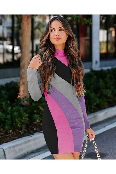 AQE FASHION Rainbow Patterned Half Turtleneck Half Turtleneck Mini Black Knitted Knitwear Dress