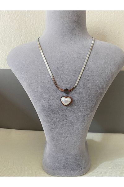 staınless steel Zeyna Accessories Pearl Heart Figured Italian Flat Chain Silver Antiallergic Stainless Steel Necklace