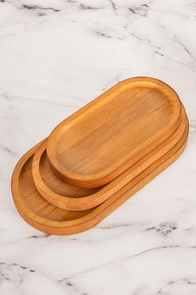 DNS HOME 3-Piece Natural Wooden Presentation Tray Set Stand Set Serving Set Snacks Breakfast Bowl