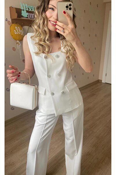 Premium Beyaz Yelek Pantolon Takım