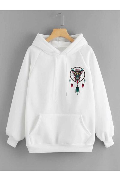 DEEPSENCE White Oversize Unisex Sweatshirt - Owl Printed