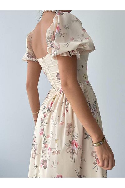 Julidress Μπεζ φλοράλ στάμπα σιφόν μίντι φόρεμα - κορσέ με στήριγμα στο στήθος και δεμένη μέση