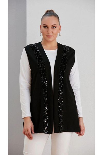 TUSSE Large Size Viscose Women's vest - Classic Sequin and Piping Detail