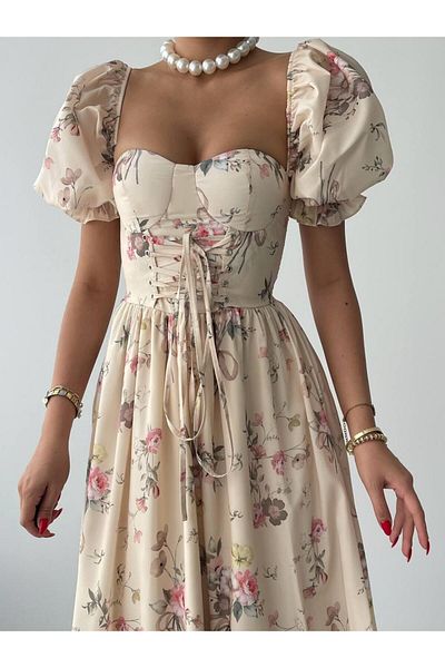 Julidress Μπεζ φλοράλ στάμπα σιφόν μίντι φόρεμα - κορσέ με στήριγμα στο στήθος και δεμένη μέση