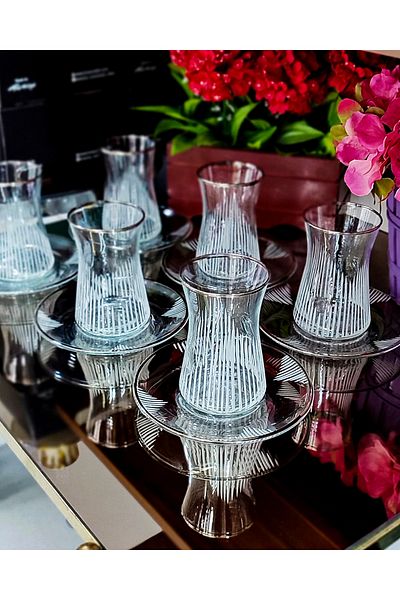 SEÇKİNEV 12 Piece Silver Tea Set - Pasabahce Glass Saddlebag Eiffel