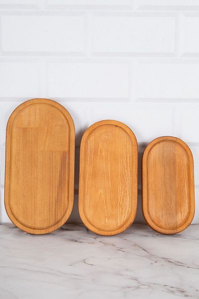 DNS HOME 3-Piece Natural Wooden Presentation Tray Set Stand Set Serving Set Snacks Breakfast Bowl