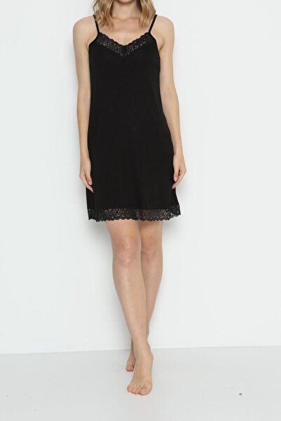 Nicoletta Tunică de damă neagră cămașă de noapte cu bretele dantelă viscoză Lycra