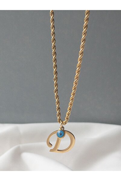 Siya Silver 316L Kararmaz Çelik Gold Renk Nazar Boncuklu  Uzun Burgu Zincirli Harfli Kadın Kolye