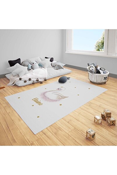 CİCİ ODAM Çocuk Bebek Odası Halısı Taçlı Kuğu Serpme Yıldızlı