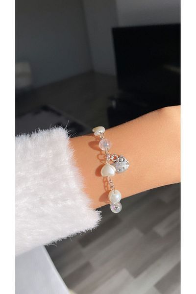 Pinky Lady Heart pearls kitty bracelet