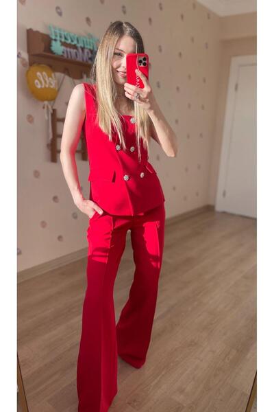 Chinozetti And Mom Premium Kırmızı Yelek Pantolon Takım