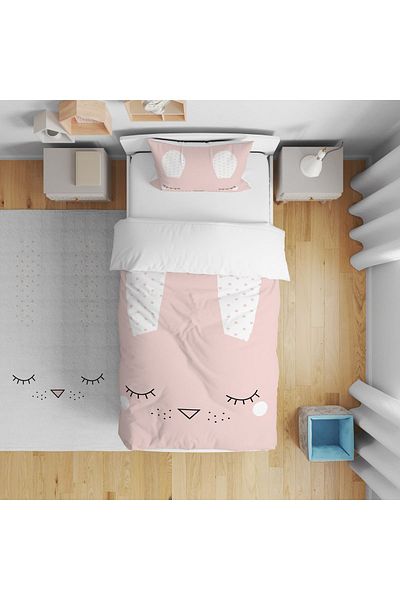 CİCİ ODAM Bedspread Pink Background Cute Rabbit 140x220 - Pillowcase Gift