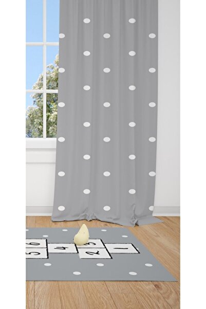 CİCİ ODAM 1 Kanat Gri Zemin,puantiyeli, Sek Sek Oyunu Çocuk Bebek Odası Perde...