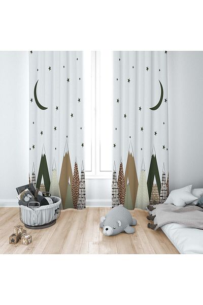 CİCİ ODAM 1 Wing Children's Room Curtain Background Curtain Spreader Starry Scandinavian Mountains Moon