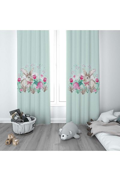 CİCİ ODAM 1 Wing Children's Room Curtain Background Curtain Floral Rabbit