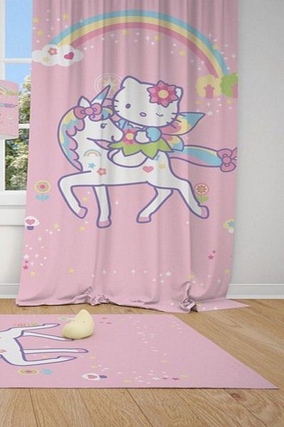 CİCİ ODAM 1 Wing Hello Kity,unicorn Horse,rainbow,flower Children Baby Room Curtain Backdrop Curtain