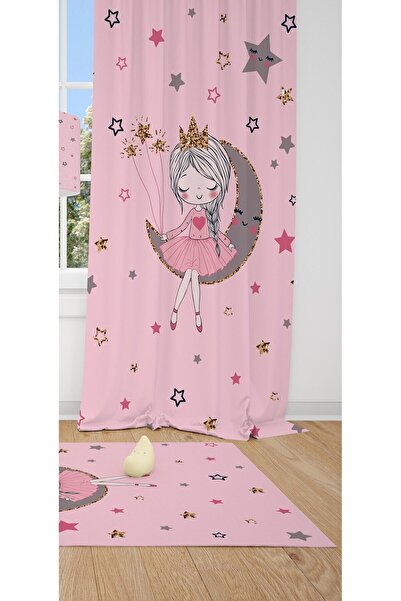 CİCİ ODAM 1 Kanat Pembe Zemin Ayda Oturan Prenses Kız Çocuk Bebek Odası Perde...
