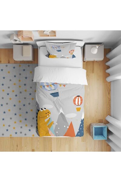 CİCİ ODAM Çocuk Bebek Nevresim Takımı Dinozorlu Uçan Balon Dağlar