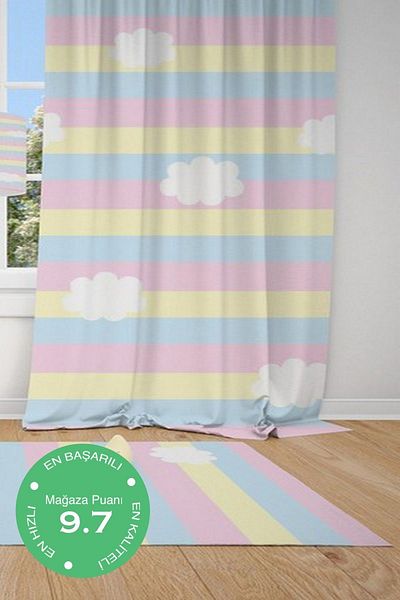 CİCİ ODAM 1 Wing Cici Carpet Rainbow Floor And White Clouds Children Baby Room Backdrop Curtain